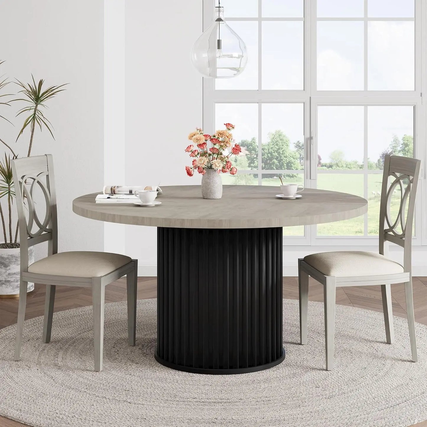 47 Inch Round Dining Table for 4-6 People, 120cm Wood Kitchen Table with Metal Pedestal Base, Space-Saving, Easy Assembly for Dining Room, Kitchen, Grey
