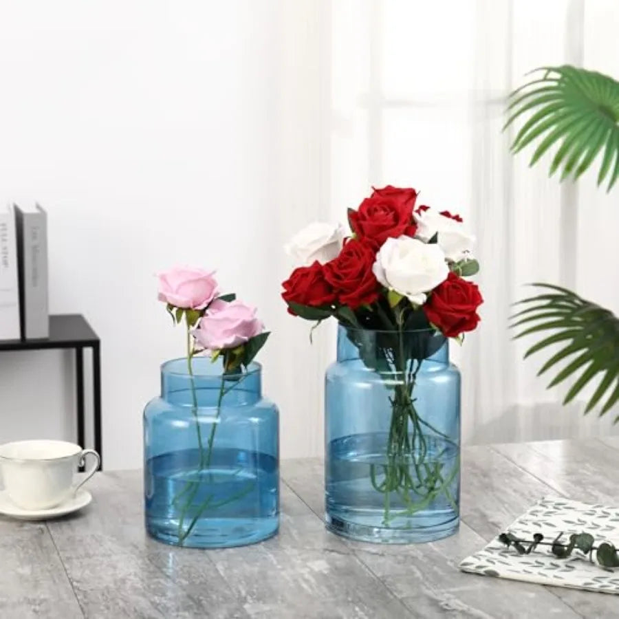 Large Glass Vase, Blue Glass Vase Set of 2, Large Flower Vases for Bouquet, Tall Wide Mouth Vases for Flowers, Home, Wedding, L