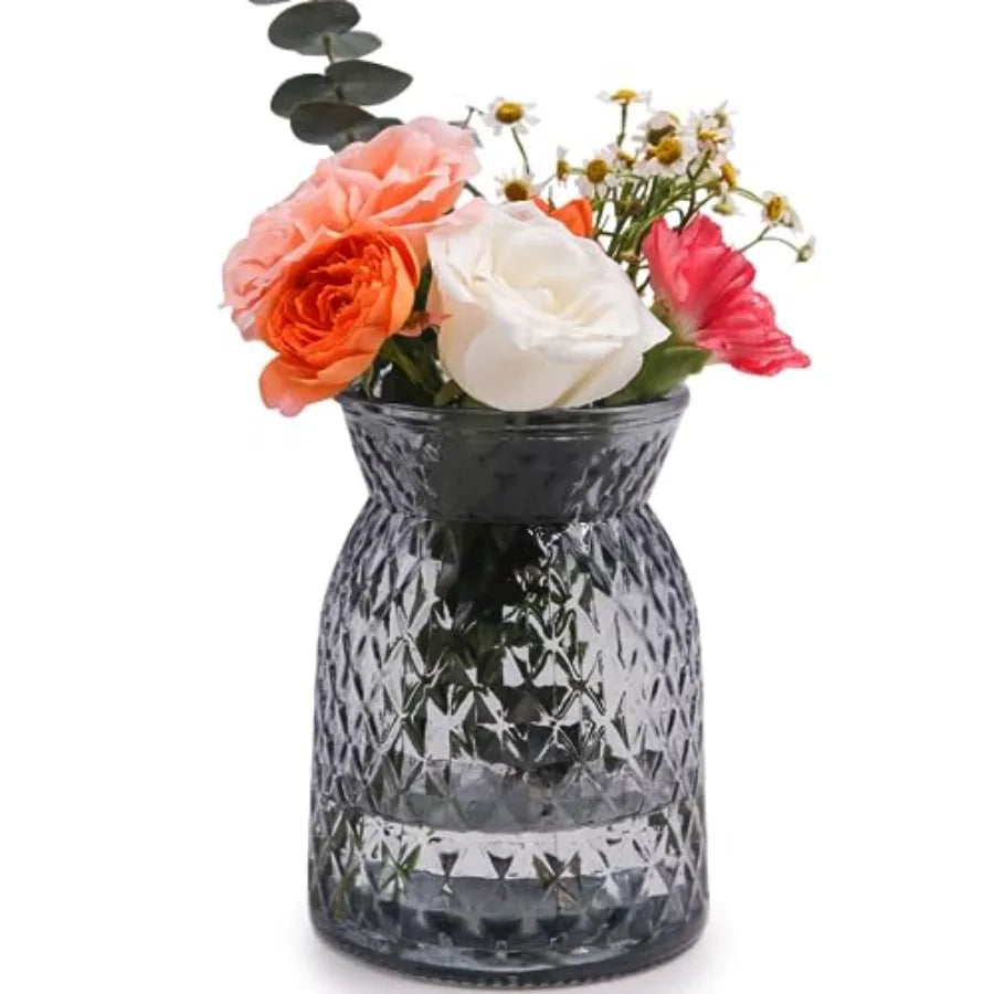 Glass Vase, 7.3 * 4.3in Vertical Line Geometric Faceted Design Flower Vase