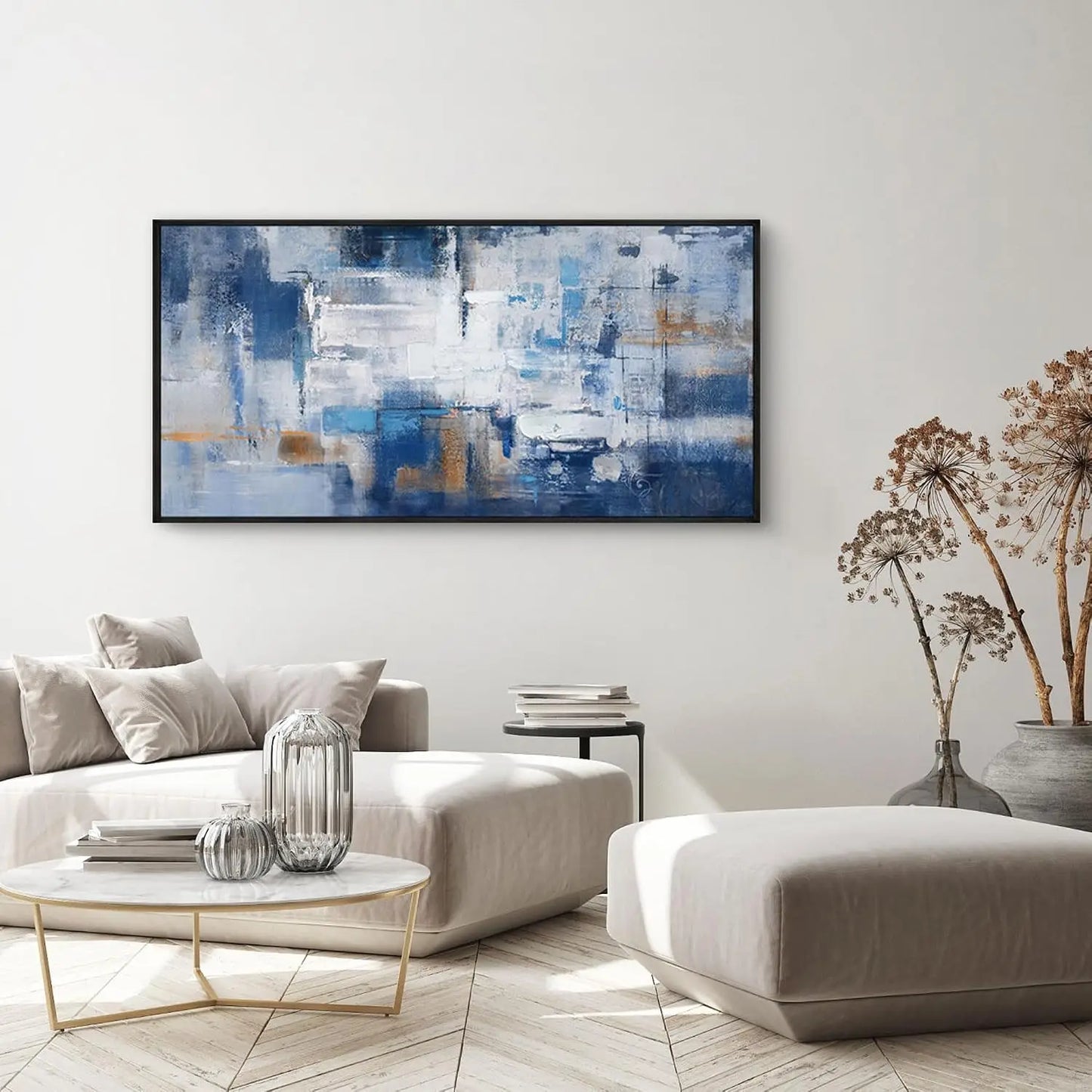 Blue Abstract Canvas Wall Art - Black Frame Artwork Picture Living Room Wall Decor Modern Paintings Large Wall Art for Bedroom Home Decoration