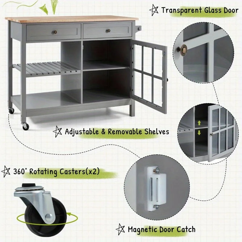 EROMMY 41.7" Solid Wood Top Kitchen Island, Mobile Kitchen Cart with Storage Cabinet, 2 Drawers, Open Shelf & Towel Rack
