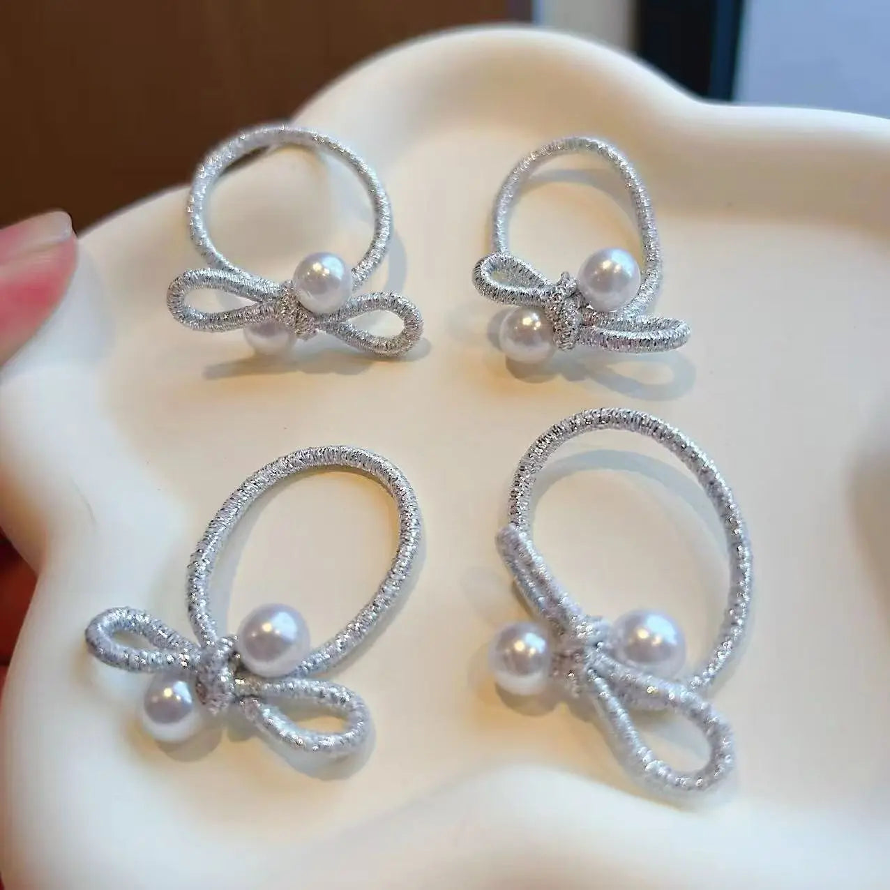 10pcs Korean Silver Pearl Bow Braided Rubber Band for Girls No Damage Hair Small Thumb Hoop Baby Headband Hair Accessories