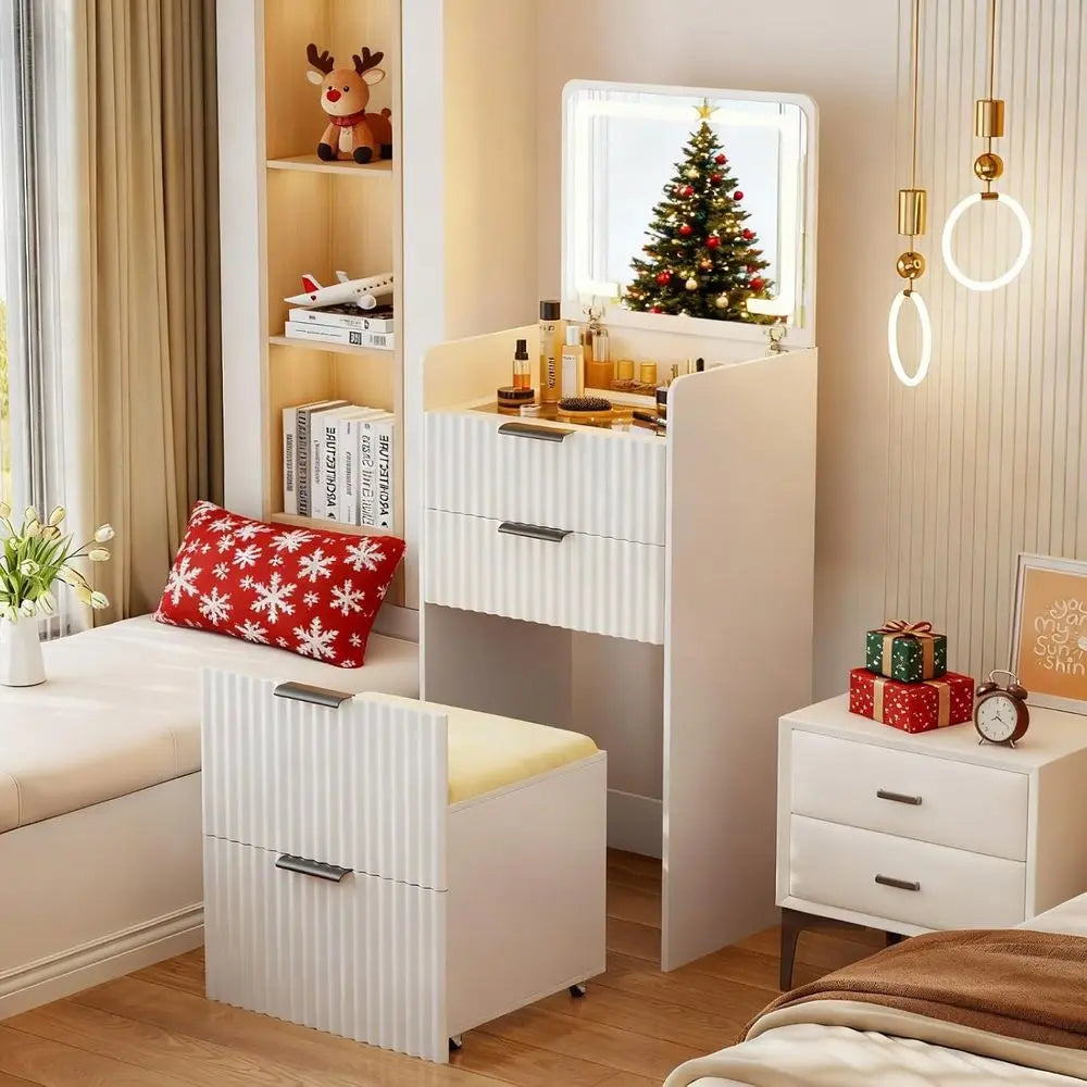 Compact White Vanity Desk with Flip Mirror, Glass Top and Storage, Includes Padded Stool