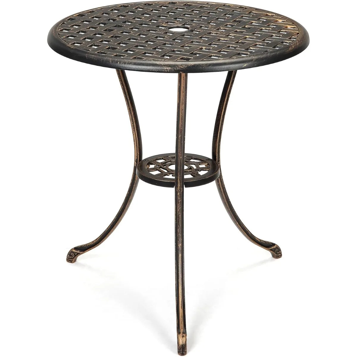 Patio Bistro Table, 24" Round Outdoor Coffee Table with 2" Umbrella Hole, Outdoor Cast Aluminum Bistro Table Side Tab