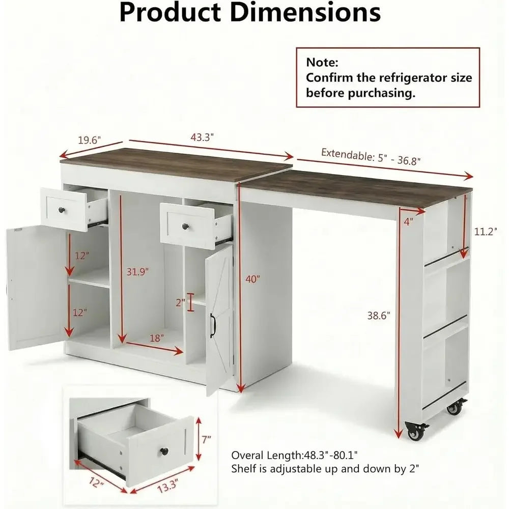 48’’- 80’’ Exble Kitchen Island with Storage Black Expd Kitchen Island Table with ridge Comparent & Ders, Sideboard Buet Table w