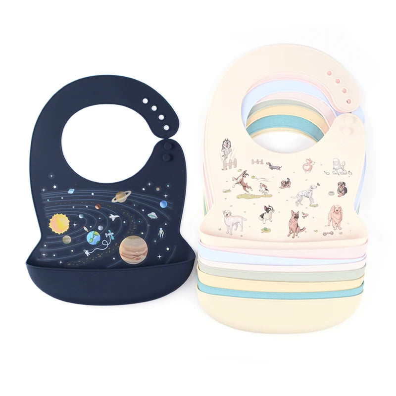 Silicone Baby Bib Waterproof Drool Catcher Cartoon Newborn Feeding Soft Edible Bib Adjustable Baby Burp Cloth