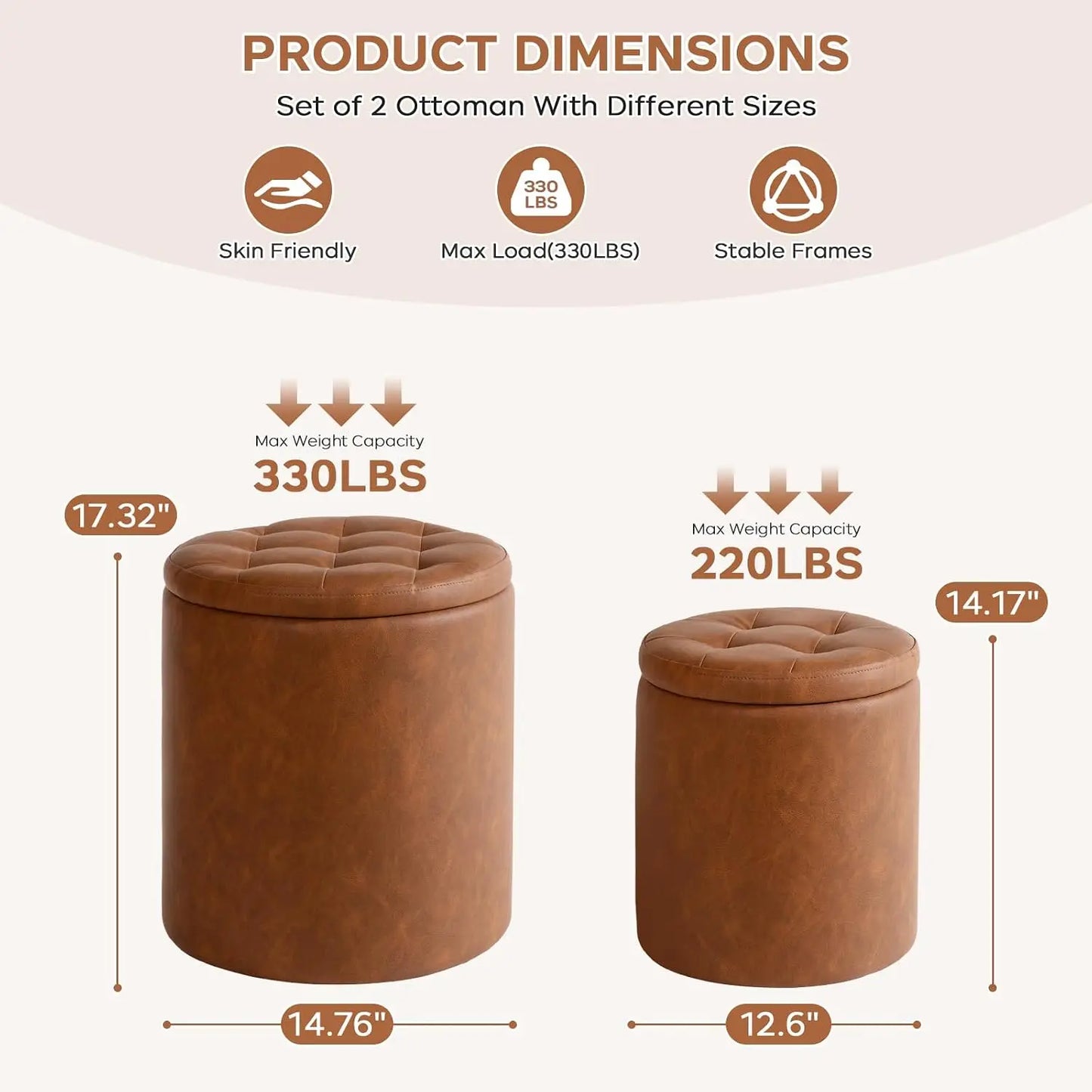Round Ottoman with Storage Set of 2, 12.6"W x 14.17"H & 14.76"W x 17.32"H Faux Leather Button Tufted Storage Ottoman, Boucle Vanity Stool Footrest Coffee Table for Living Room, Bedroom, Brown