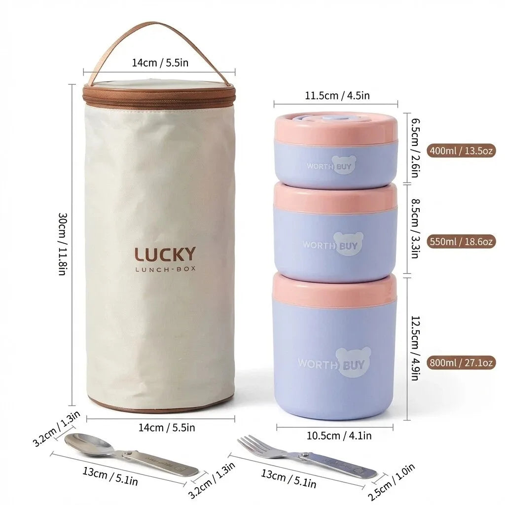 304 Stainless Steel Insulated Lunch Box With Handle Portable  Leak-proof Double Layer Bento Box For Kids Students Microwave Safe
