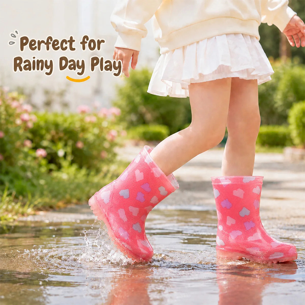Cute Pink Heart Pattern Toddler Rain Boots Sparkly Transparent Kids Water Boots Outdoor Walking Galoshes