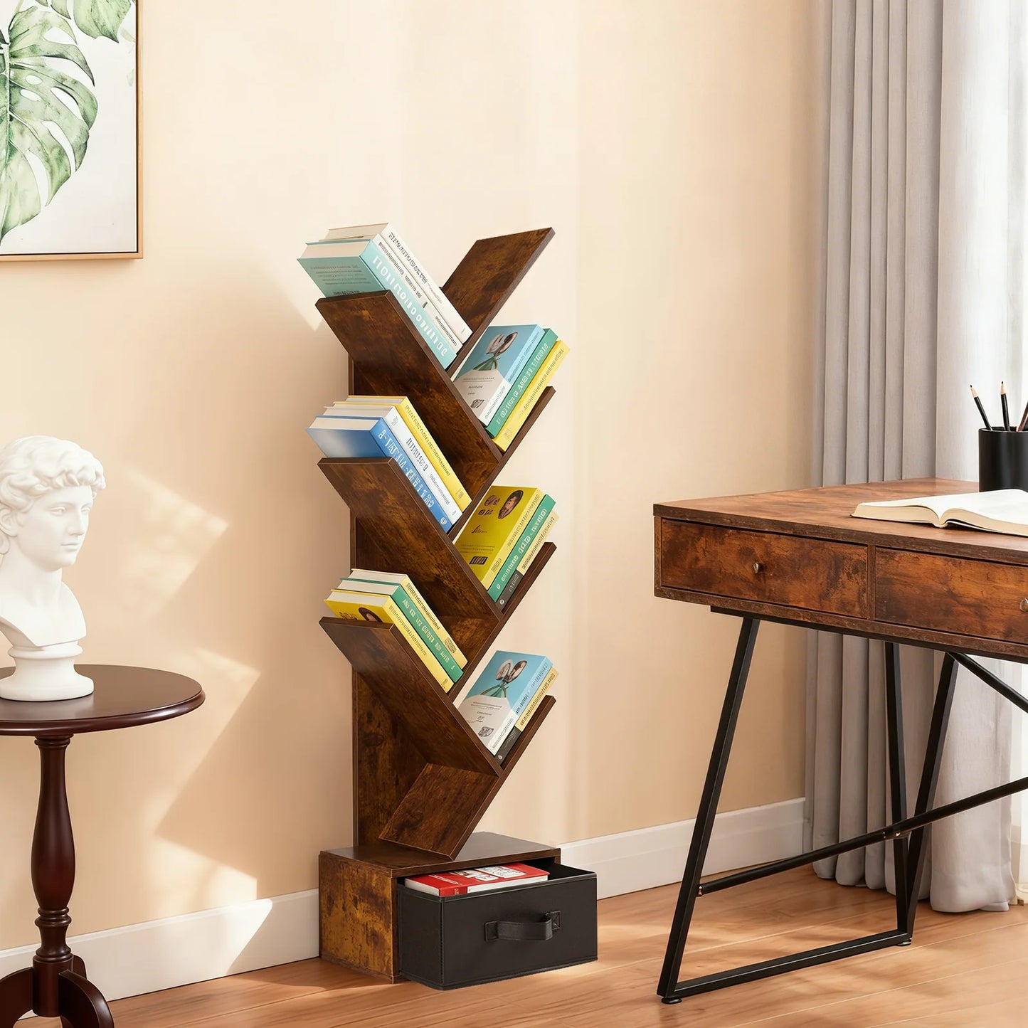 MCQ 7-Tier Tree Bookshelf with Drawer 43IN Wooden Narrow Slim Corner Bookshelf for Small Spaces Geometric Wooden Book Rack