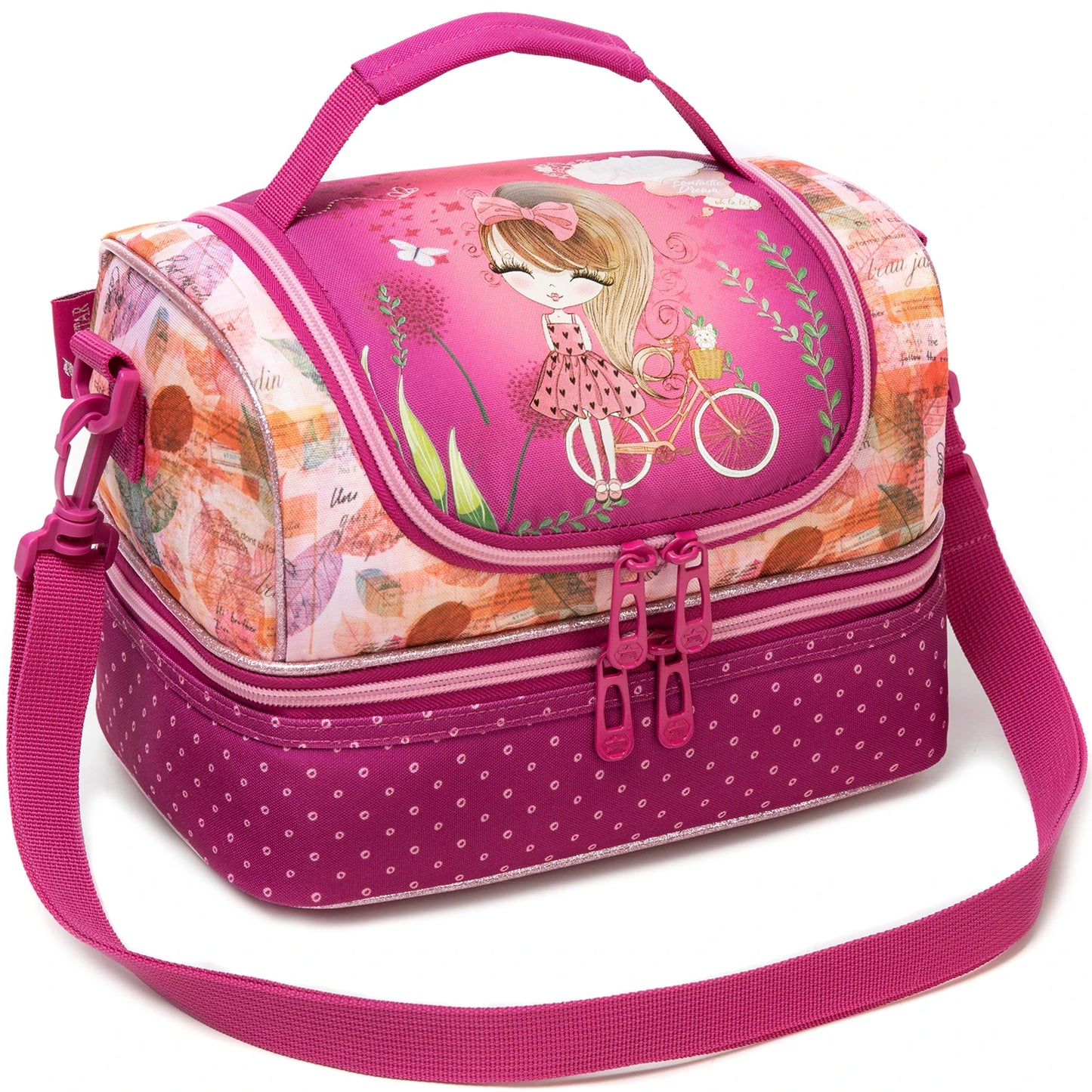 Girls Cute Unicorn Kitten Print Double Deck Lunch Bag Portable Handheld Insulated Food Bag Leakproof Washable Snack Container Bag