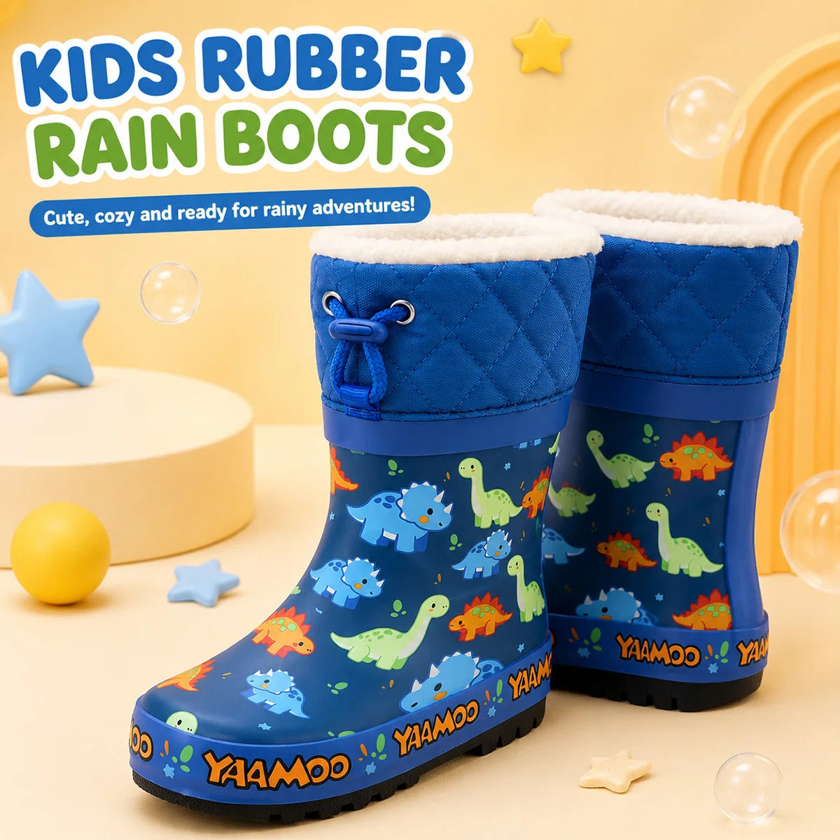 Boys Cartoon Dinosaur Print Kids Rain Boots Fleece Lined Warm Drawstring Cuff Waterproof Anti-slip Rubber Wellies Toddler Winter Water Shoes