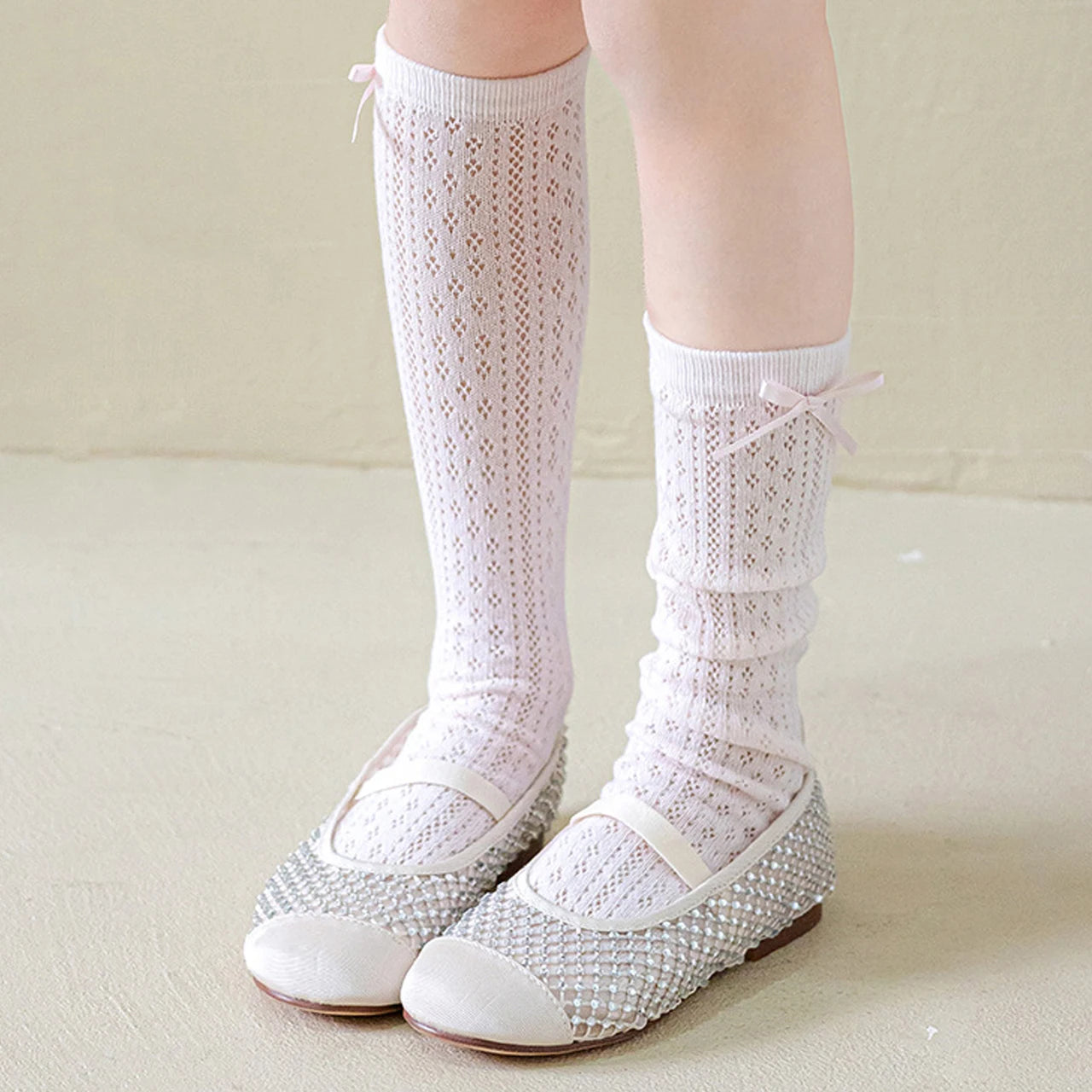 Japanese Hollow Bow Socks for Girl Summer Mesh Breathable Knee High Socks Solid Color Princess Kids Calf Socks 3-10 Years