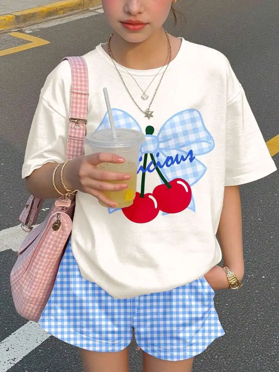 Womens Cherry Bow Print Short Sleeve T-Shirt And Plaid Shorts 2-Piece Set Summer Casual Streetwear Outfit