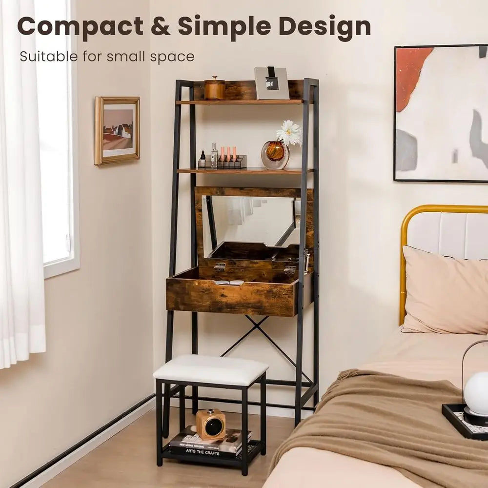 Vanity Desk Set with lip-up Mirror, Ladder Vanity Table and Cushioned Stool Set w/ 4 Storage Comparents, Small Makeup Dring Tabl