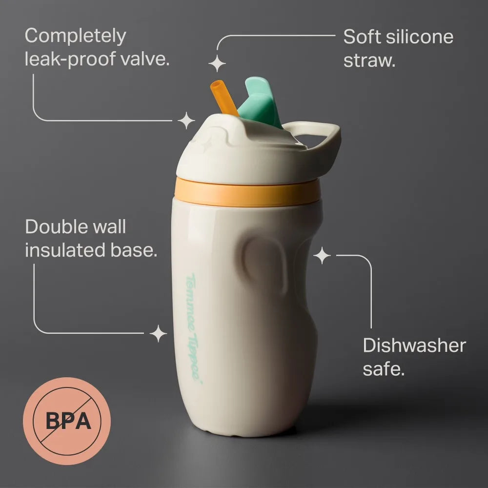Insulated Stainless Steel Toddler Straw Cup Spill Proof Sporty Water Bottle for Kids 9 oz Baby Sippy Cup Thermal Travel Mug Cream Color