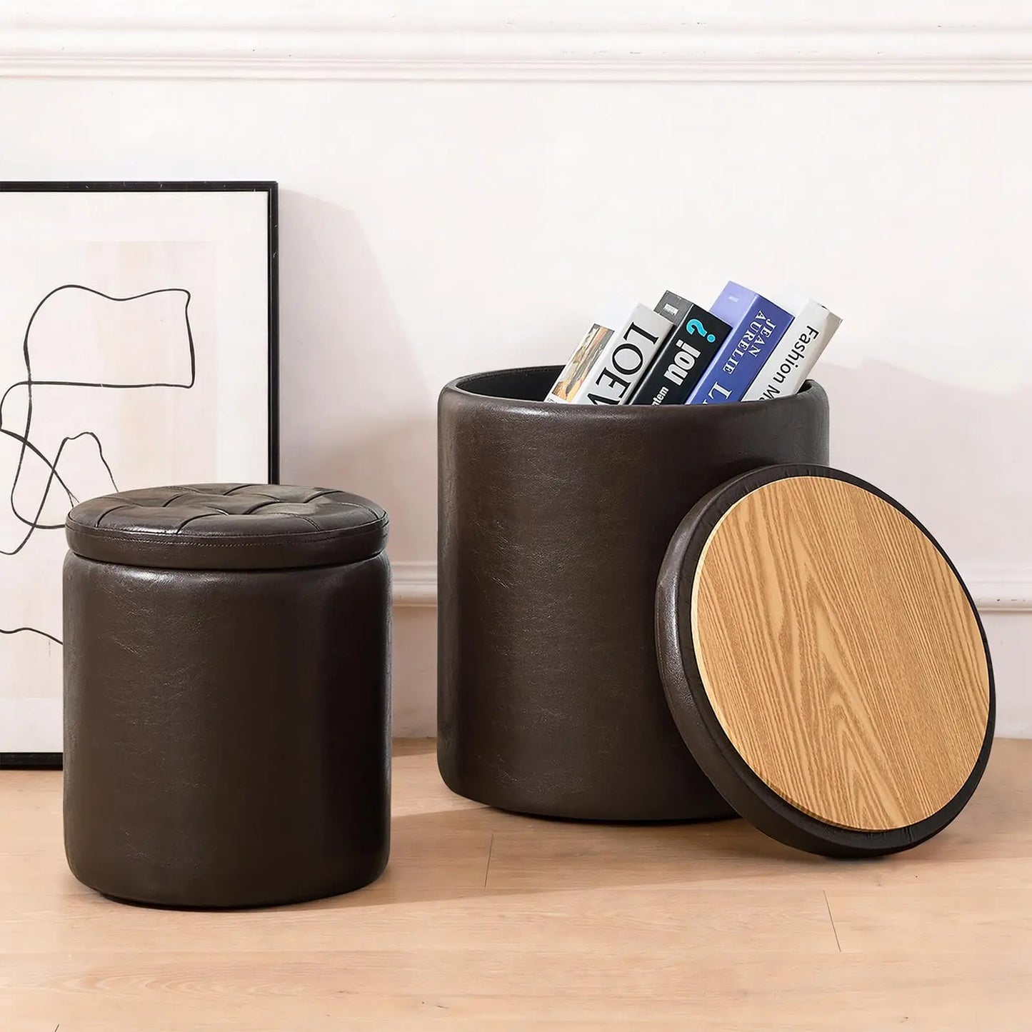 Round Ottoman with Storage Set of 2, 12.6"W x 14.17"H & 14.76"W x 17.32"H Faux Leather Button Tufted Storage Ottoman, Boucle Vanity Stool Footrest Coffee Table for Living Room, Bedroom, Brown