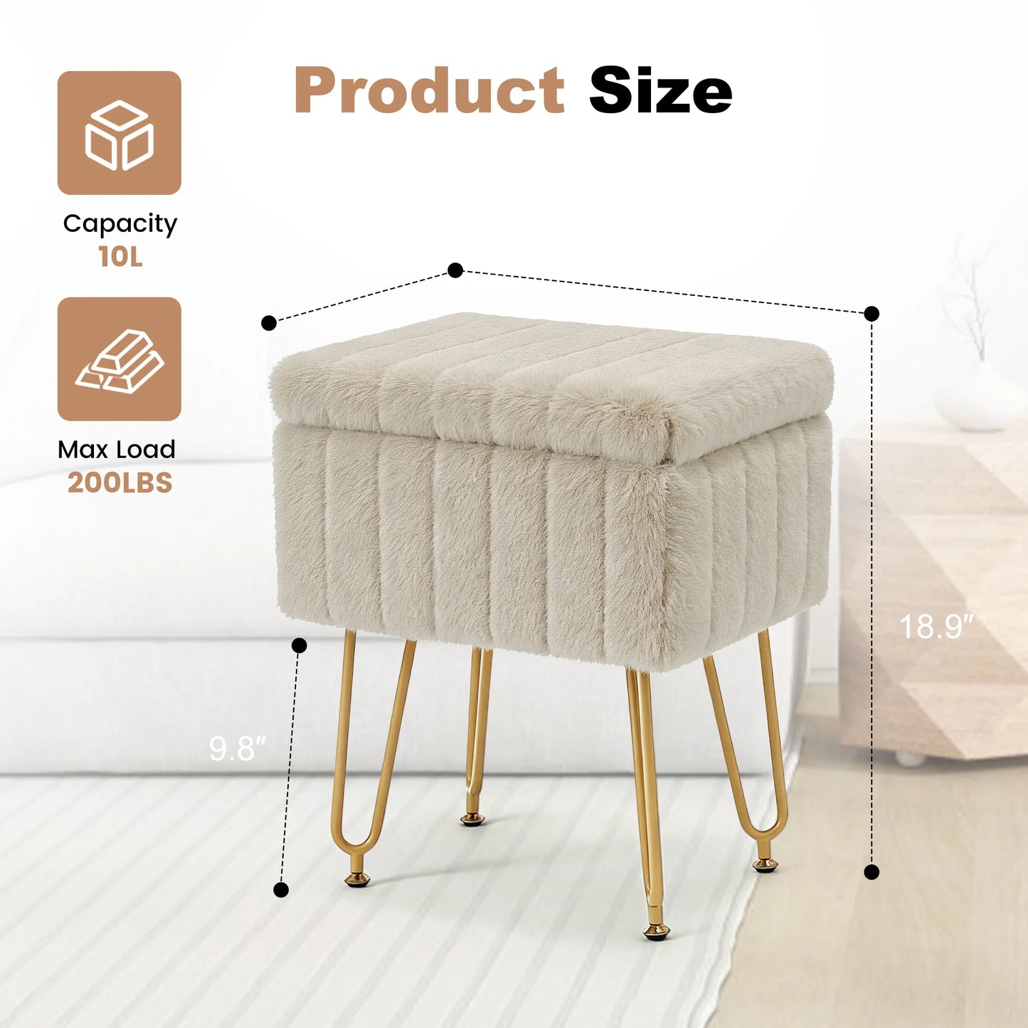 JHK Ottoman Faux Fur Vanity Stool Chair with Storage Padded Makeup with 4 Metal Legs Anti-Slip Adjustable Feet Living Room Hidden Storage Stools for Home Entryway