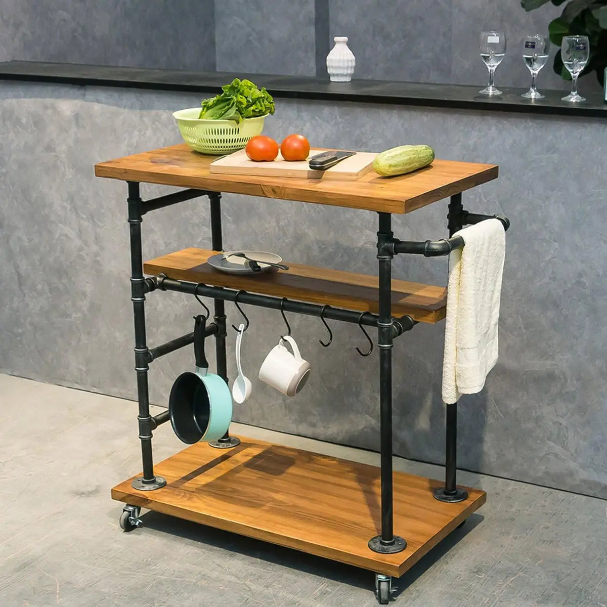 Industrial Style 3-Tier Wheeled Kitchen Island with Wood & Pipe Frame Butcher Block Surface Mobile Serving Cart Multipurpose Wine Coffee Beverage Rolling Bar Trolley for Household Kitchen Home Bar