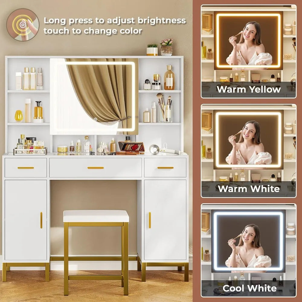 White Vanity Desk, Openable Light Mirror & Glass Tabletop, Charging Station Makeup Dressing Table, Custom