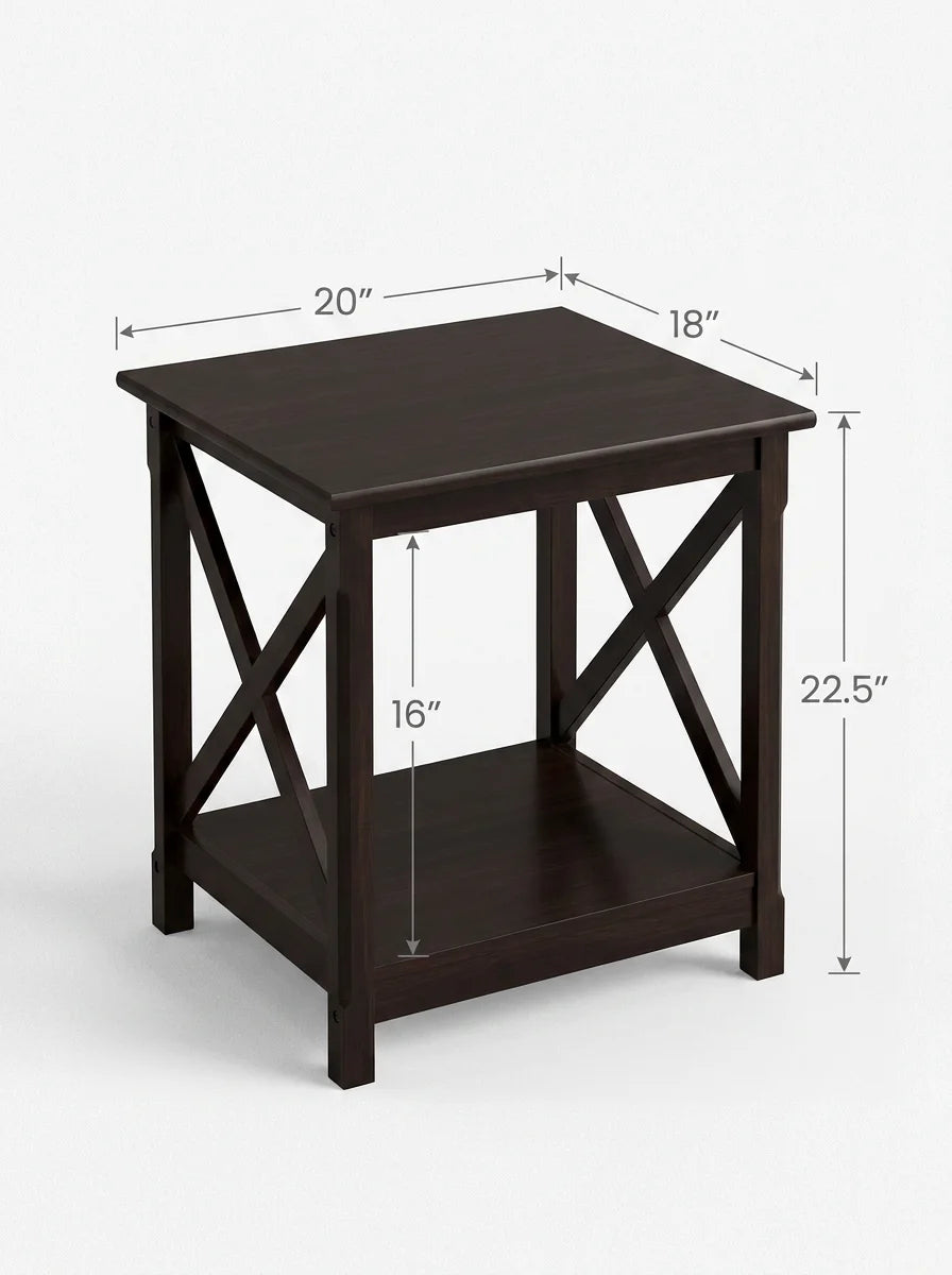 2 Tier End Table with Storage Shelf, Strong X Design Side Table for Living Room, Small Corner Table for Small Spaces