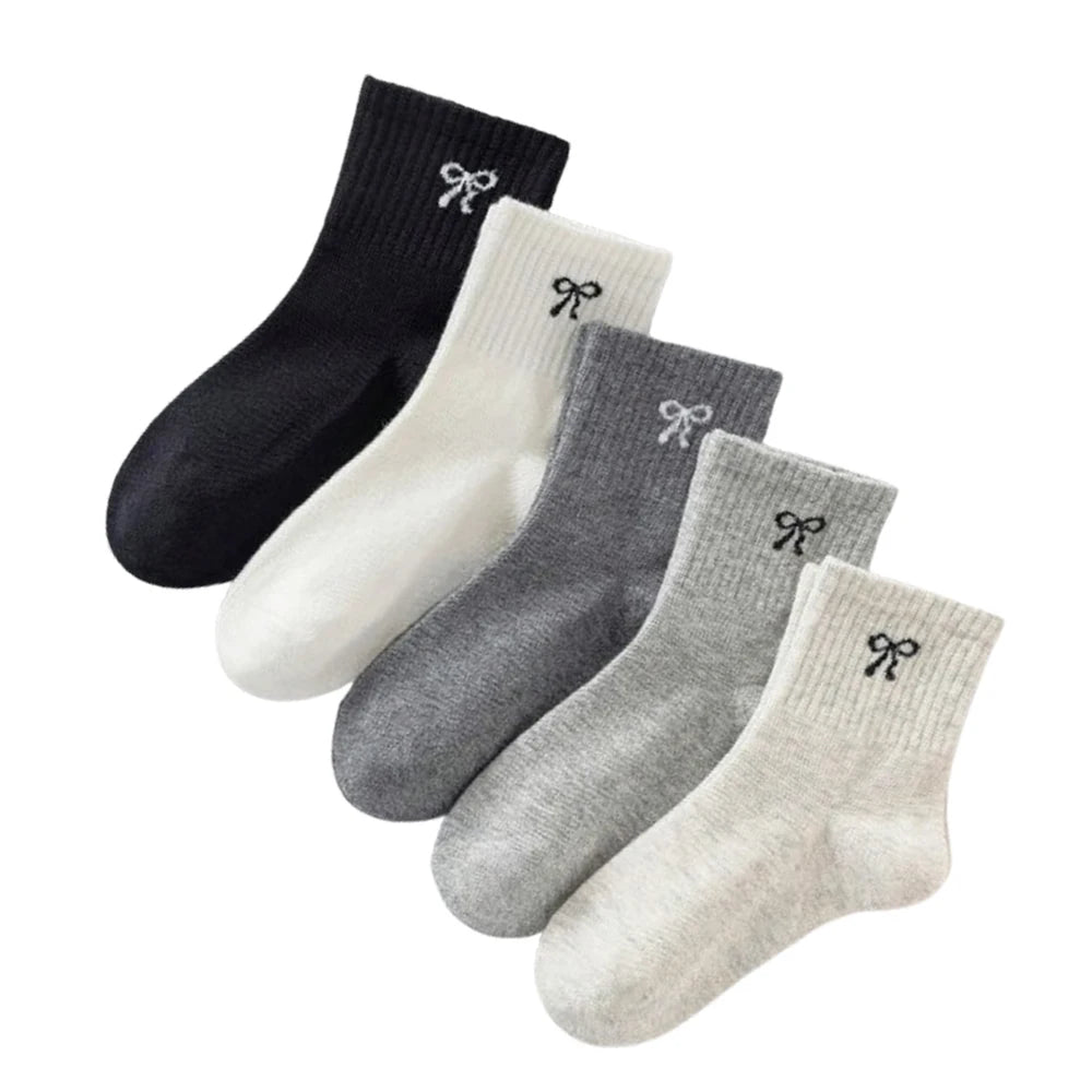 5 pairs  girls' plain-colored with bow-patterned socks, cute and casual, suitable for daily use and travel, kid's  mid-calf sock