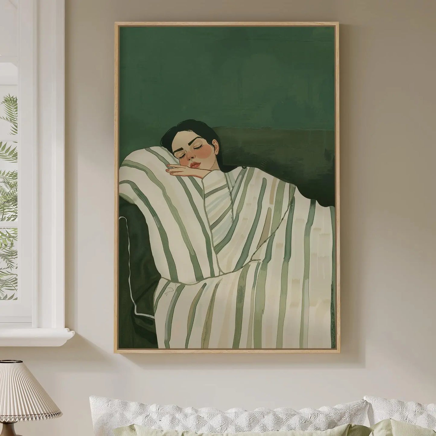 Framed Neutral and Green Wall Art for Bedroom Decor, Large Cozy Cat Canvas Painting Artwork for Room Walls, Green Picture Print for Dining Room Nursery Guest Room Hallway Wall Art Decor, 24x36 Inch