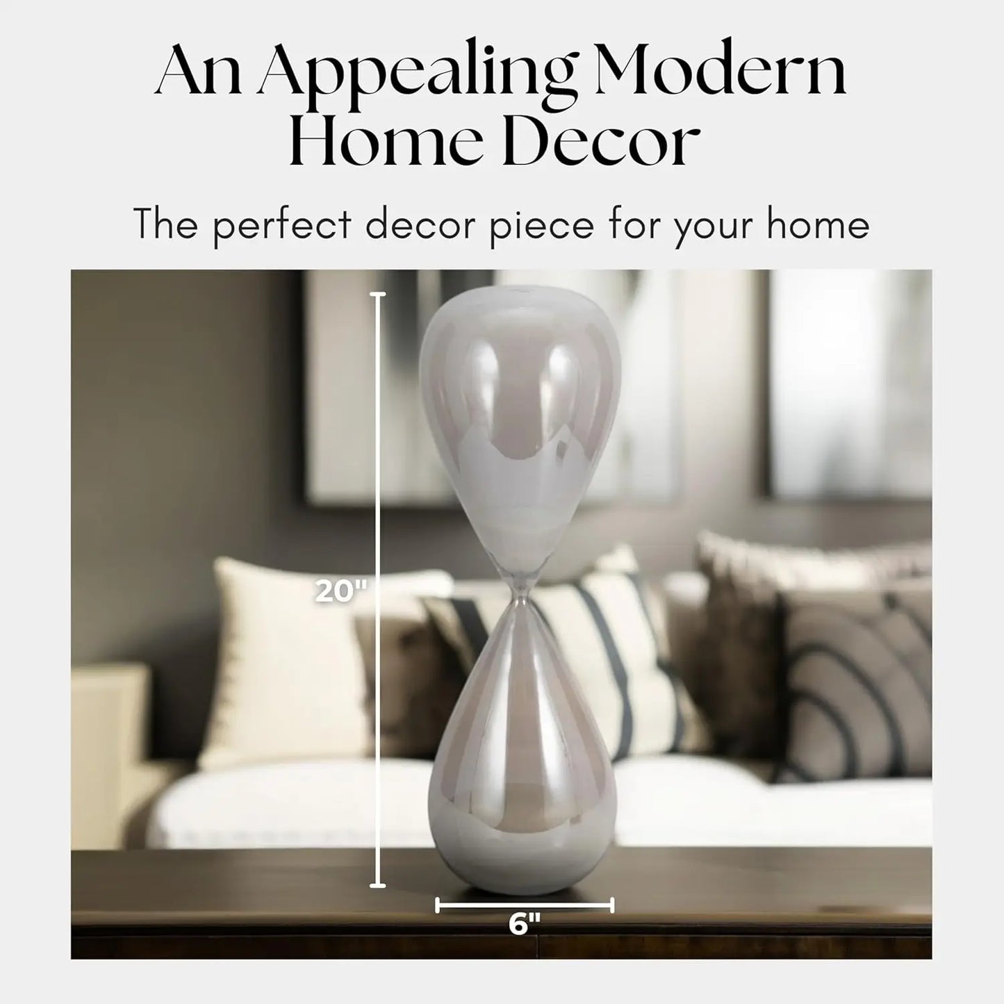 20 Inch Grey Teardrop Glass Hourglass Decorative Object for Coffee Table & Shelf Home Decor