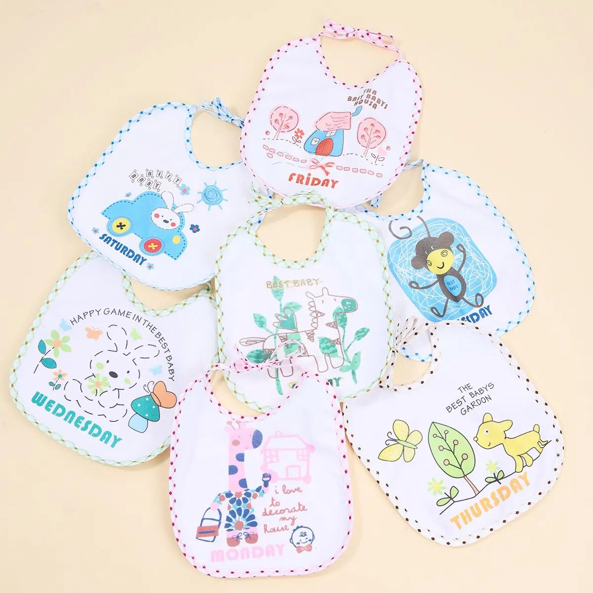 7pcs Weekly Without Repeating Baby Bibs U Shaped Newborn Infants Waterproof Printing Burp Cloths Saliva Towel for Baby