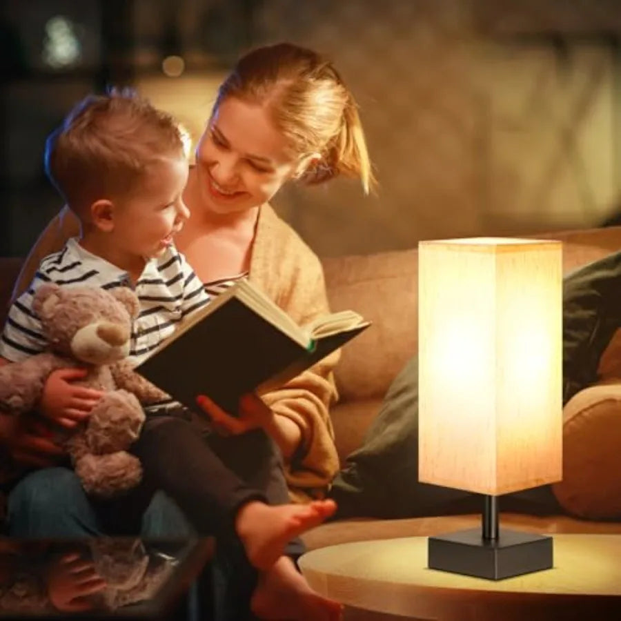 Small Table Lamp for Bedroom - Bedside Lamps for Nightstand, Minimalist Night Stand Light Lamp with Square Fabric Shade, Desk R