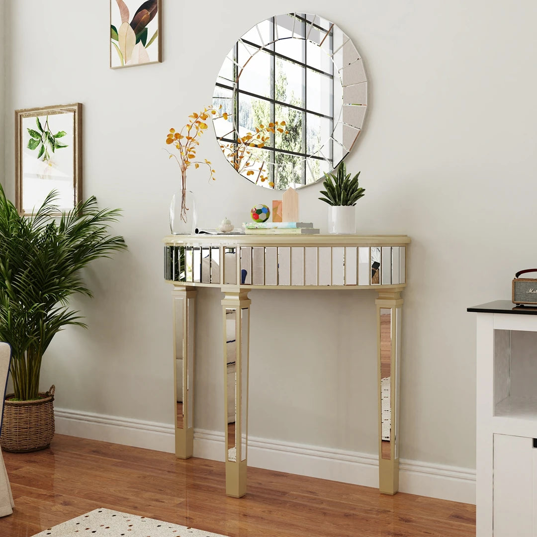 Modern HalfMoon Mirrored Console Table Silver Finish Living Room Home Office Foyer Hallway Decor Furniture Small Space