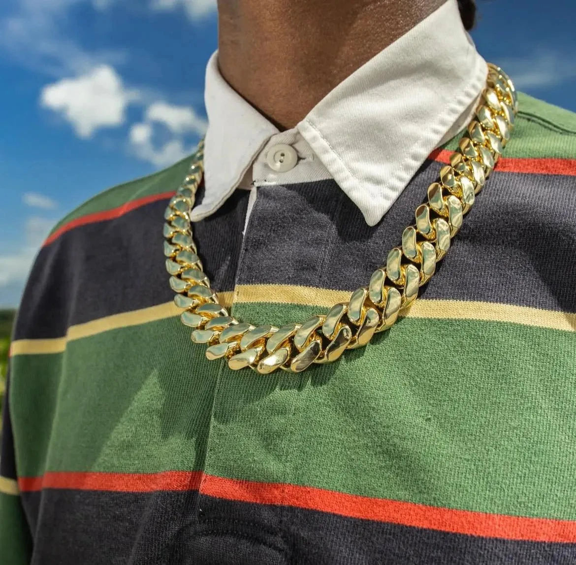 14-22mm Hip Hop Bling Gold Color Stainless Steel Dense Cuban Miami Link Chain Necklaces 14k Gold-plated for Men Rapper Jewelry