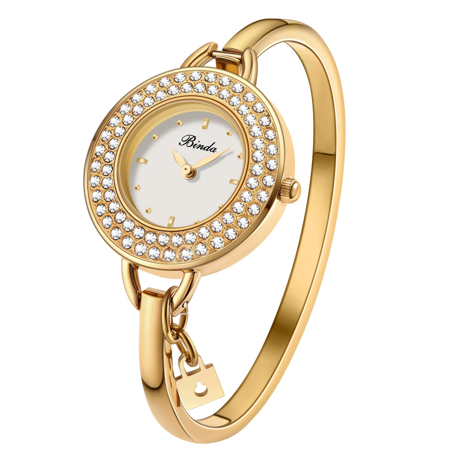 BINDA Women’s Elegant Waterproof Stainless-Steel Quartz Watch – Rainbow Gold Bracelet, Round Delicate Dial, Perfect for Daily