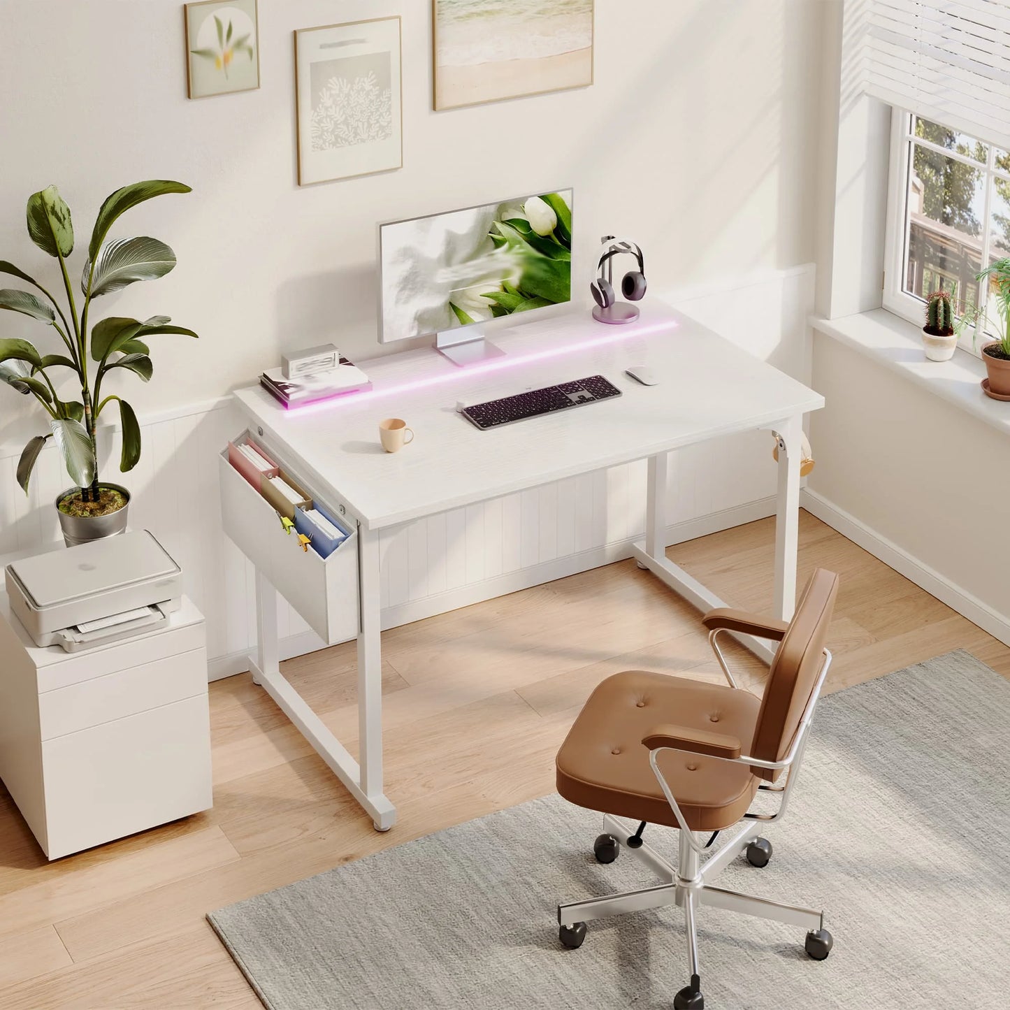 EnHomee 31.5" RGB LED Vanity Desk Waterproof Writing Desk with Headphone Hook & Storage Bag, Metal Frame Home Office Table for Bedroom Dorm
