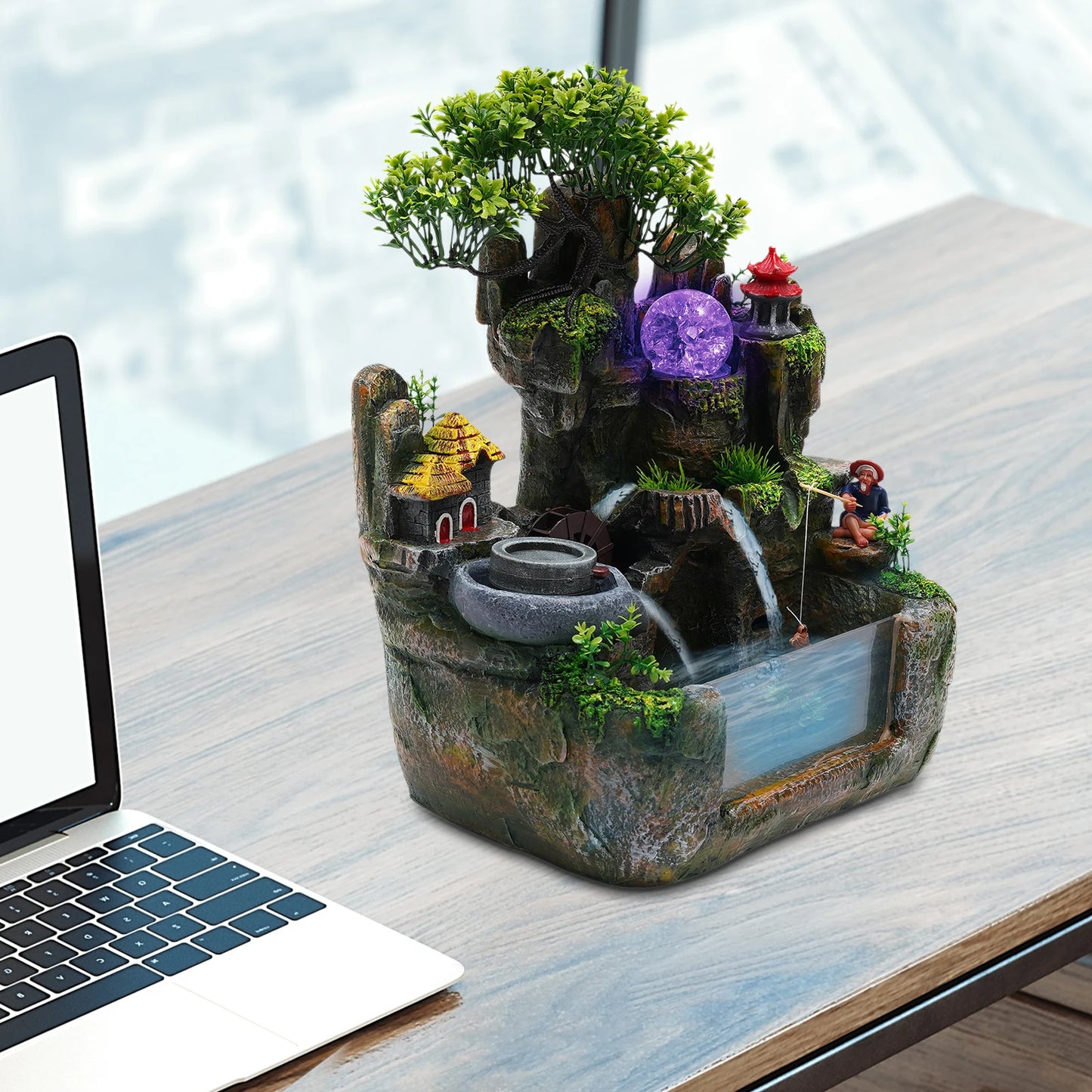 110V Resin Desktop Rockery Water Fountain Built-in Atomizer, Indoor Feng Shui Cascading Waterfall Ornament for Office Corridor Decoration