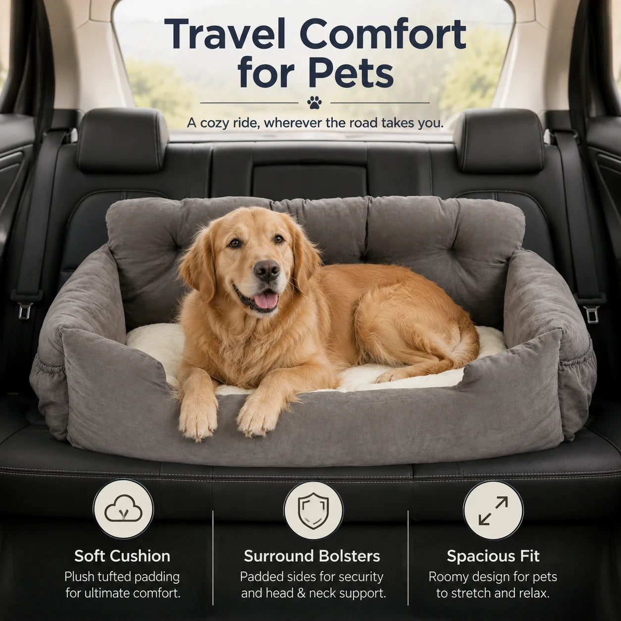 Pet Car Seat, Portable Dog Booster Seat with Safety Leash & Storage Pockets, Waterproof Travel Cat Bed for Small/Medium/Large Dogs