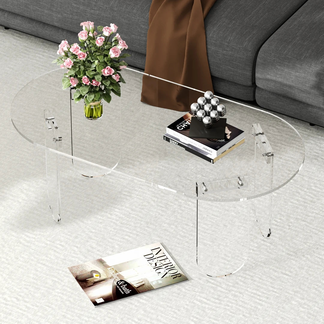 Clear Transparent Oval Acrylic Coffee Table, Modern Accent End Side Table with 4 Legs & PVC Cover for Living Room, Office