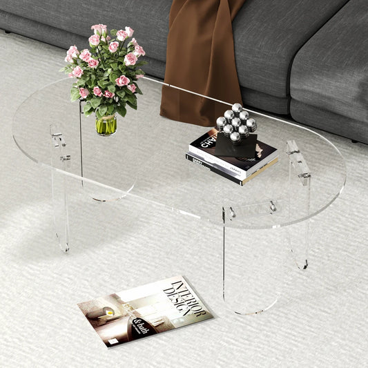 Clear Transparent Oval Acrylic Coffee Table, Modern Accent End Side Table with 4 Legs & PVC Cover for Living Room, Office