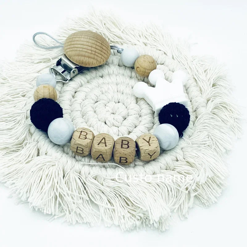 DIY Custom Name Silicone Beads Wooden Ring Pacifier Clips Safe Teething Chains Baby Teether Eco-friendly Dummy Beech Clips Gift
