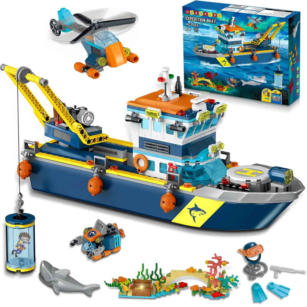 Floatable Boat Building Set with LED-Fun Arctic Explorer Ship with Helicopter Sub Shark Cage Birthday Gift for 6+kids