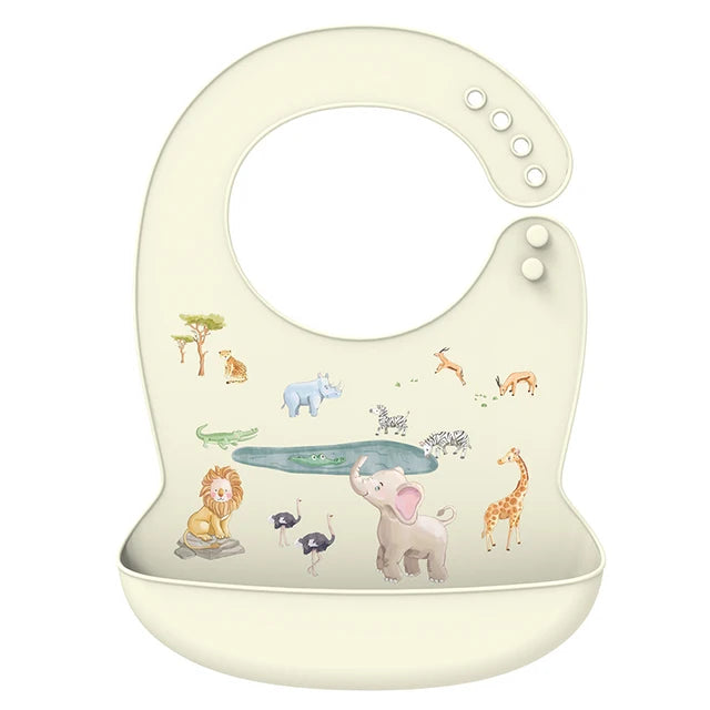 Silicone Baby Bib Waterproof Drool Catcher Cartoon Newborn Feeding Soft Edible Bib Adjustable Baby Burp Cloth