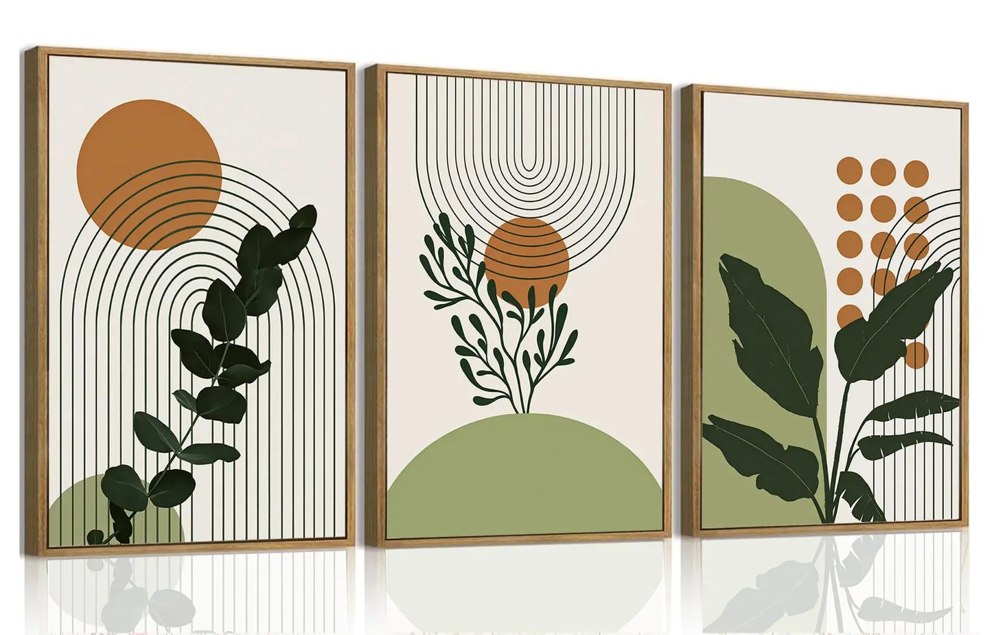 Framed Boho Canvas Wall Art Mid Century Modern Prints Set of 3 Neutral Geometric Line Leaf Paintings Decor Minimalist Abstract Pictures Bedroom Living Room Bathroom