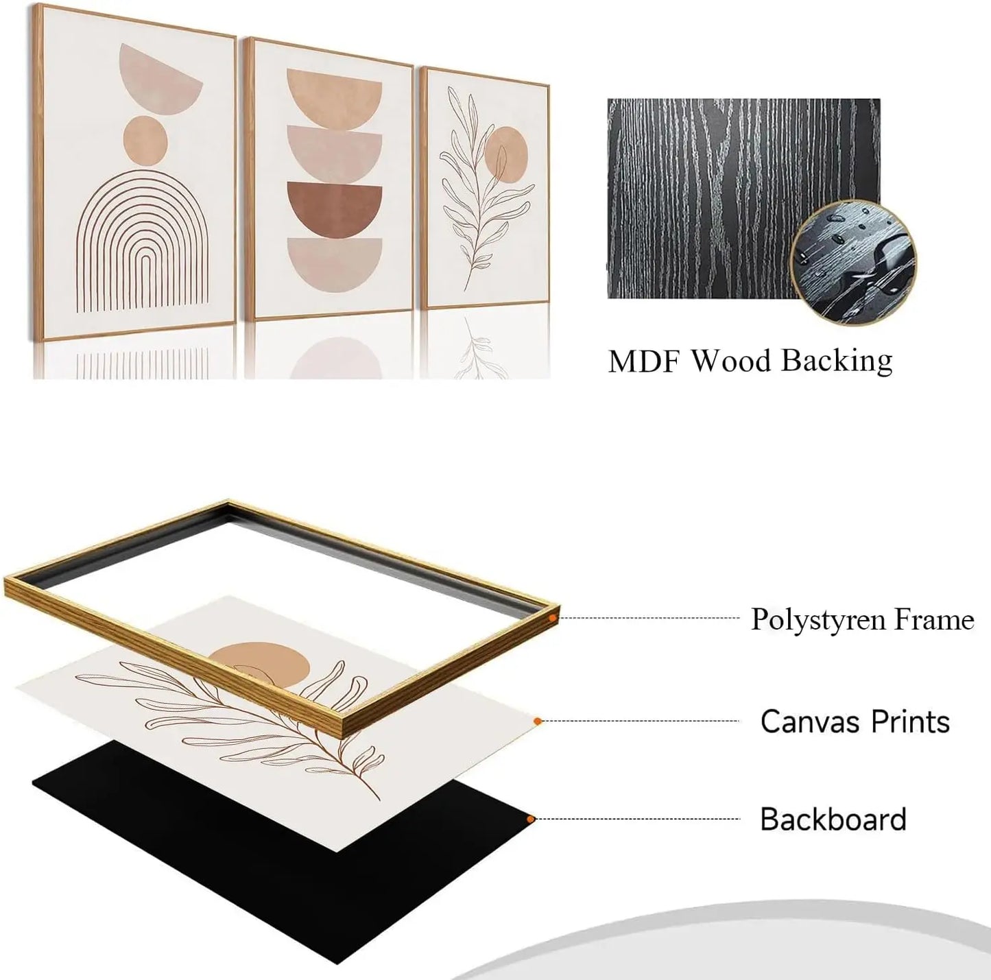 Framed Boho Canvas Wall Art Mid Century Modern Prints Set of 3 Neutral Geometric Line Leaf Paintings Decor Minimalist Abstract Pictures Bedroom Living Room Bathroom