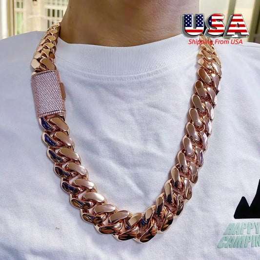14-22mm Rose Gold  316L Stainless Steel  Cuban Miami Link Chain Iced Out CZ Box Clasp Necklace Fashion Hip Hop Unisex Jewelry