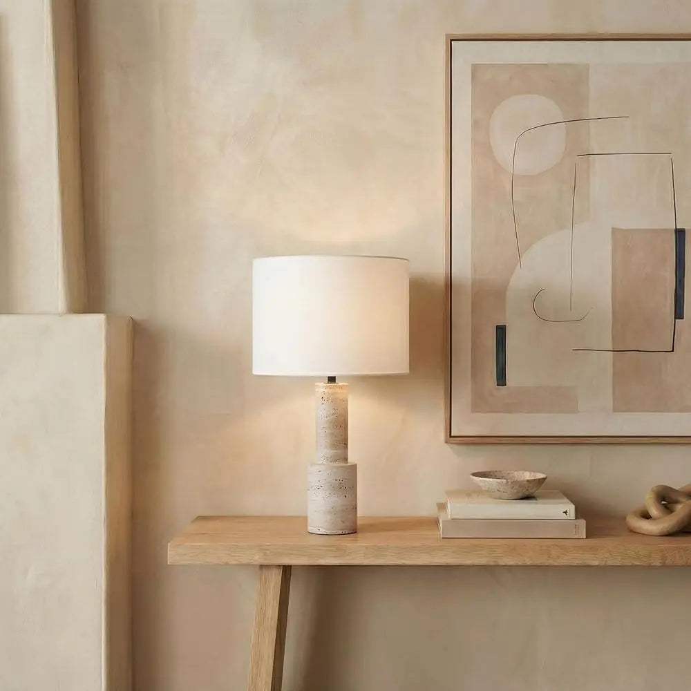 27-inch Dimmable Travertine/White Table Lamp with LED Bulb for Bedroom, Living Room, Home Office, Desk, Nightstand