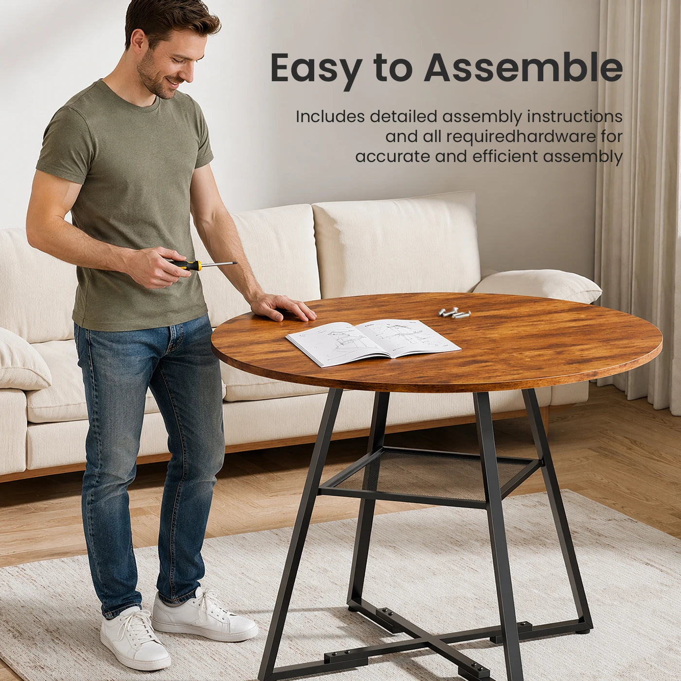 JHK 42IN to 47IN Round Dining Table for 4-6 Space Saving Kitchen Table with Dual-Tier Storage Pedestal Metal Frame Circle Dinner Table for Home Apartment