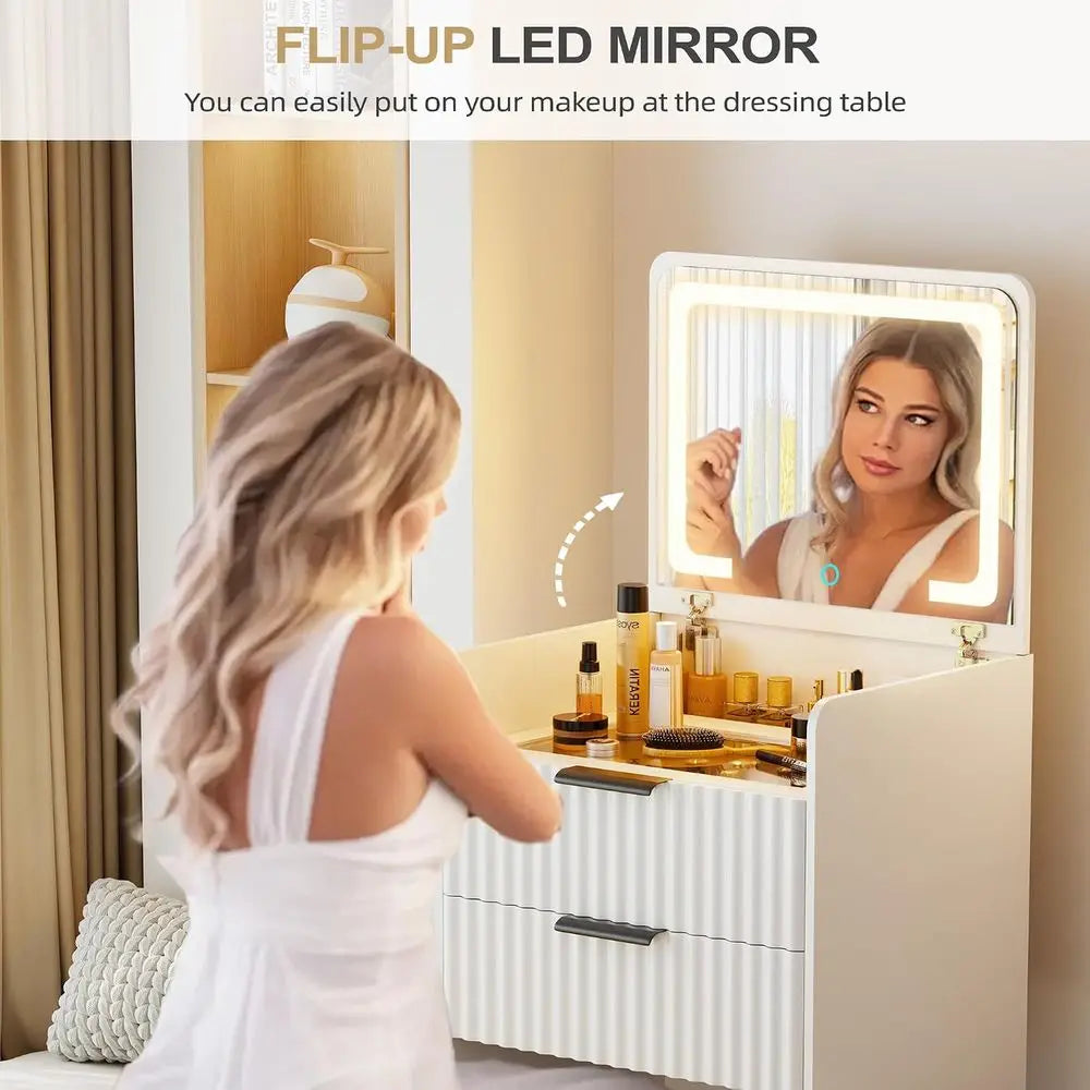 Compact White Vanity Desk with Flip Mirror, Glass Top and Storage, Includes Padded Stool