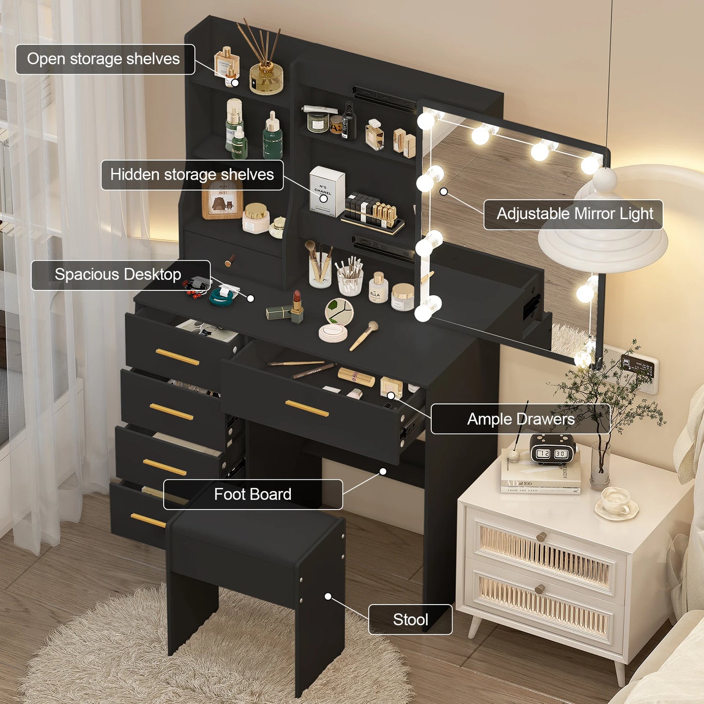 10 LED Lights Makeup Mirror Vanity Table Set with Stool, Sliding Drawers Dressing Desk for Bedroom, Beauty Cosmetic Storage Organizer