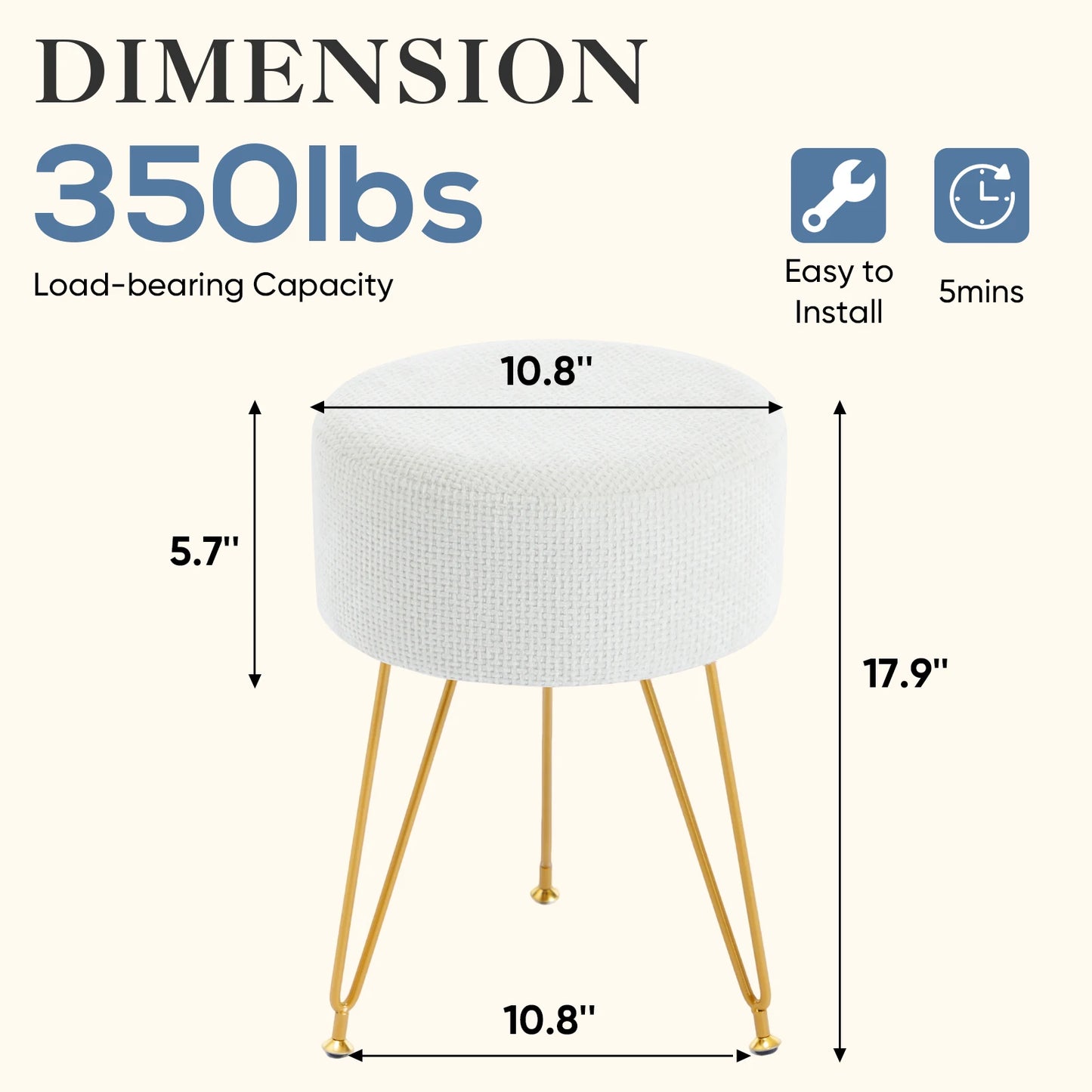 JHK Round Ottoman Velvet Footrest Chair Living Room Vanity Stool with 4CM Thick Cushion 350LBS Heavy-Duty Makeup Stool for Home