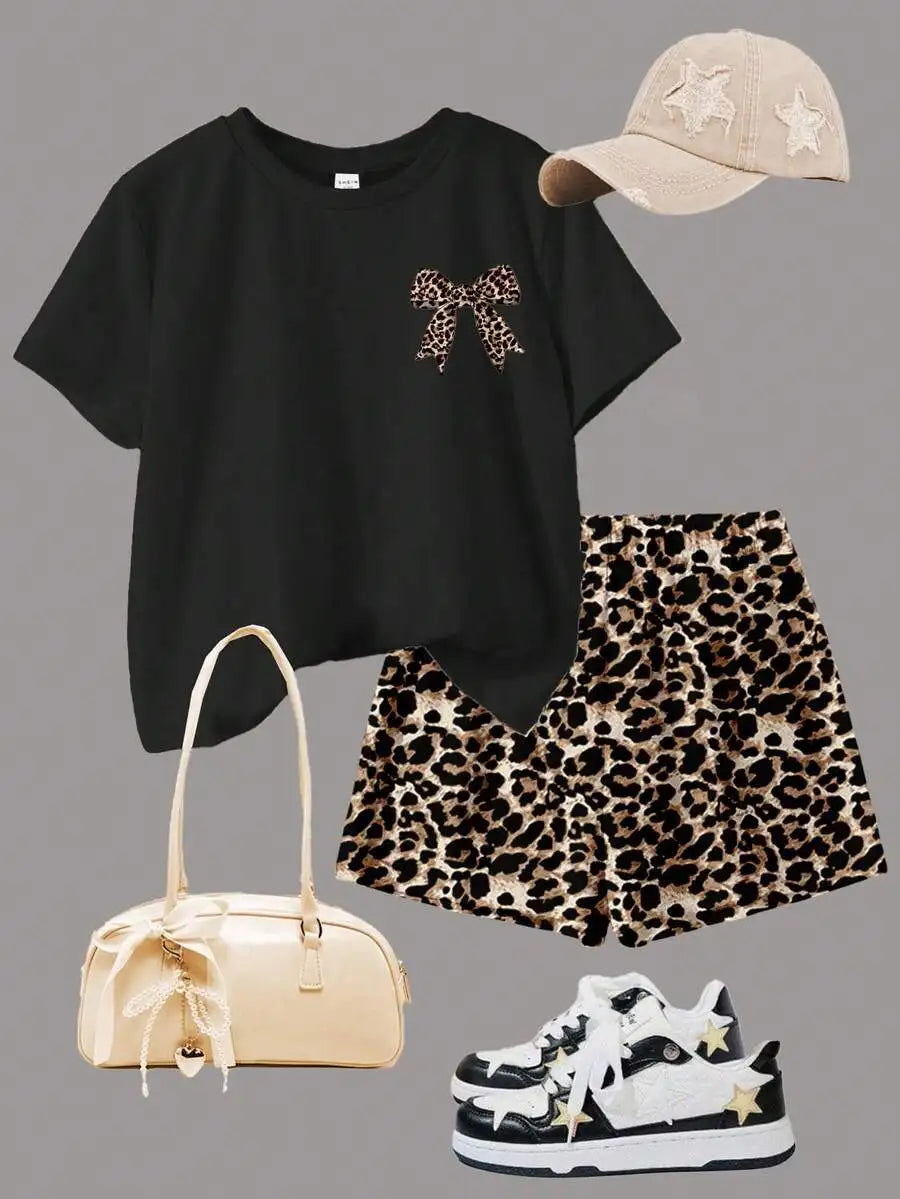 Womens Cherry Bow Print Short Sleeve T-Shirt And Plaid Shorts 2-Piece Set Summer Casual Streetwear Outfit